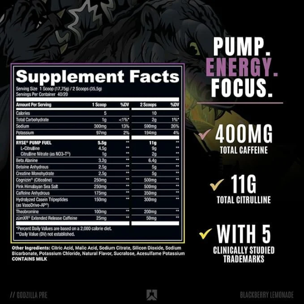 RYSE Godzilla Pre-Workout 792g -Godzilla Blackberry Lemonade
