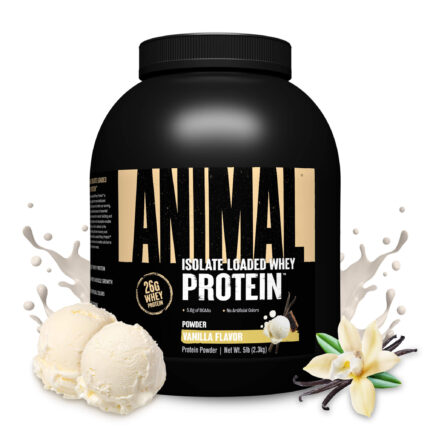 Animal Whey Isolate Loaded Whey Protein Vanilla 2.3kg tub with vanilla flowers, milk splash and vanilla ice cream scoops – premium whey protein supplement for muscle recovery and performance.