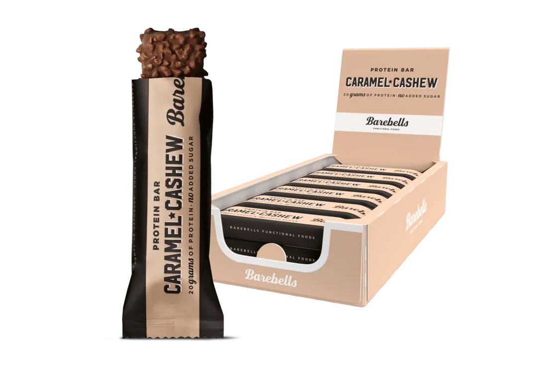 Barebells Protein Bar Caramel Cashew 12x55g box and protein bar