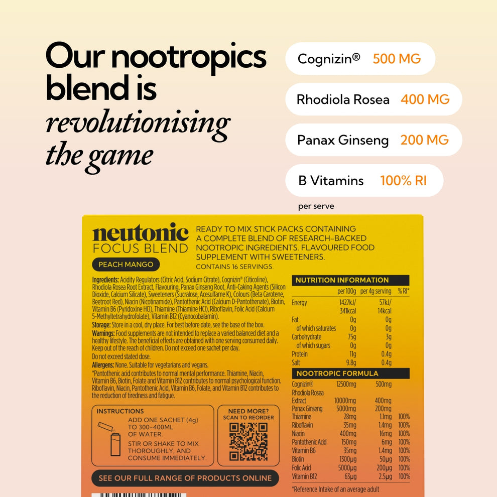 Neutonic Focus Blend Peach Mango 16 Sachets Caffeine Free Nootropic Supplement